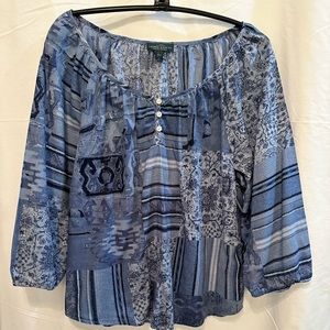 Lauren Ralph Lauren Jeans Co Gypsy Bohemian Blue Print Cotton Top Size L
